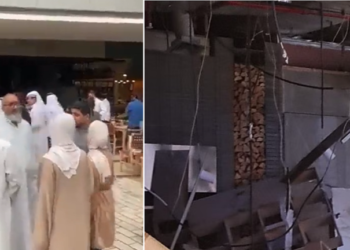 انهيار سقف مطعم على رؤوس الزبائن في أشهر مركز تجاري بالكويت (فيديو)